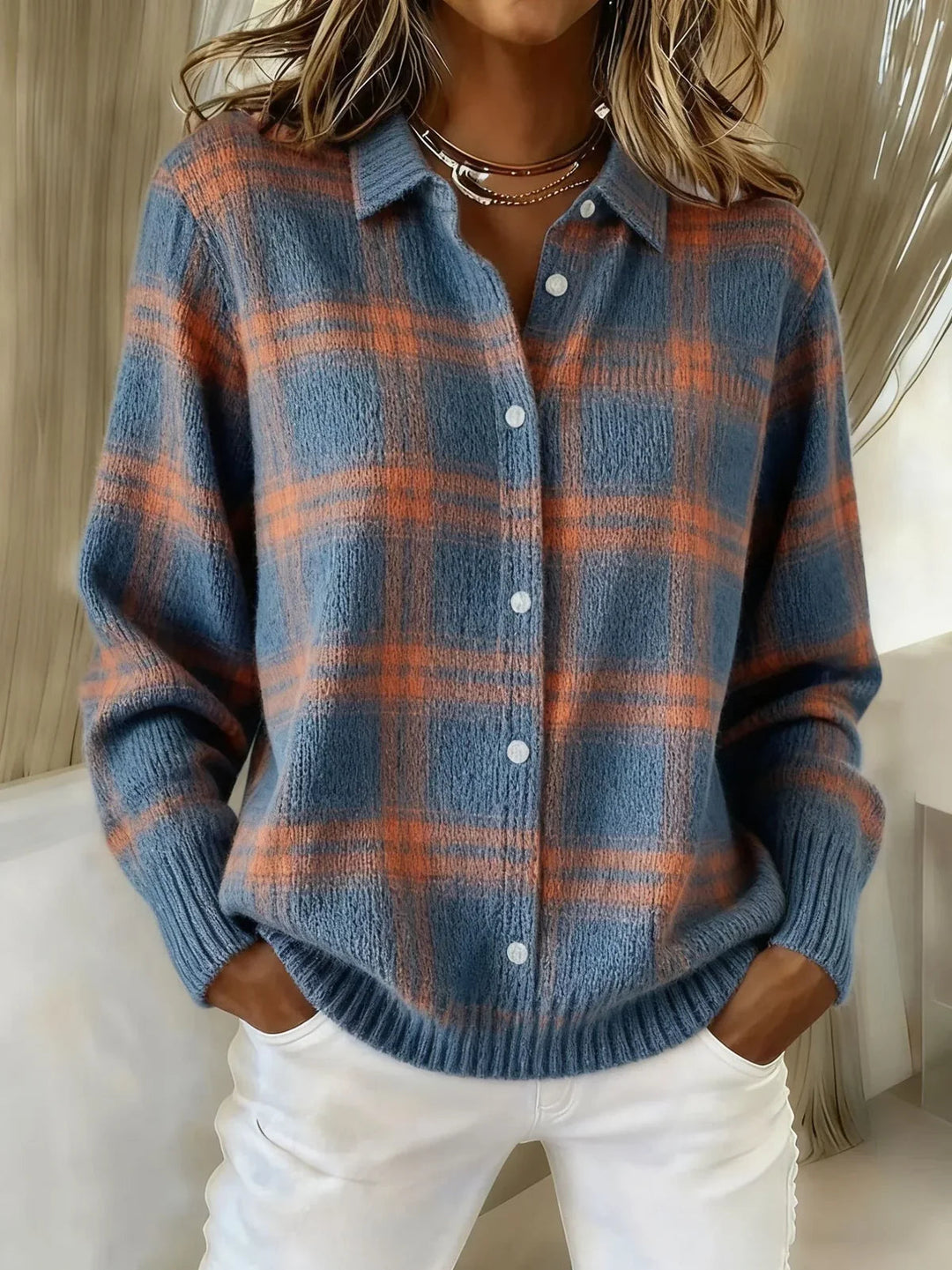 Camille karierte Strickjacke in Blau-Orange