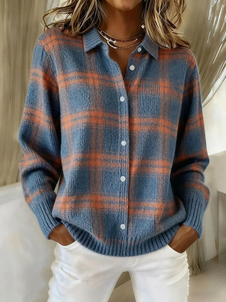 Camille karierte Strickjacke in Blau-Orange