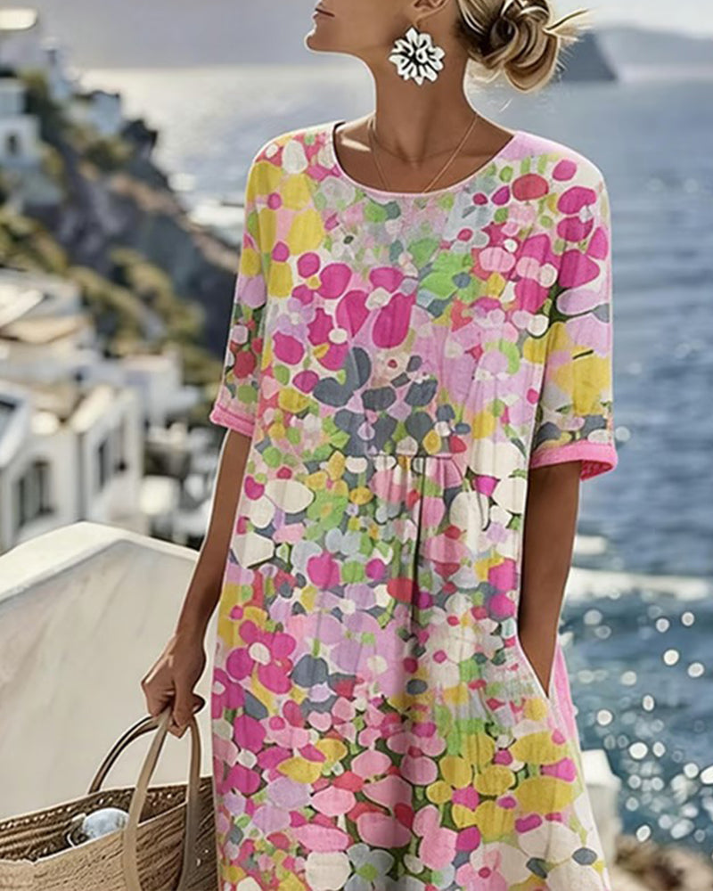 Elina Blumen-Midikleid in Rosa – Seitenansicht