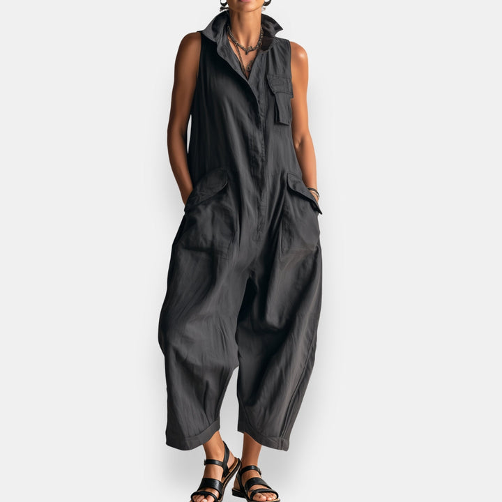 Helen Ärmelloser Popeline-Jumpsuit in Schwarz