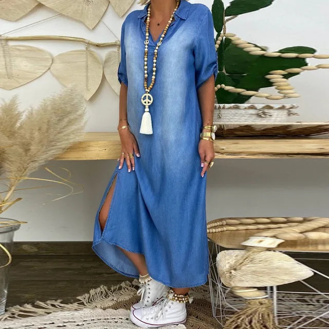 Andreajeans | Langes Kleid in Jeansoptik mit Seitenschlitz