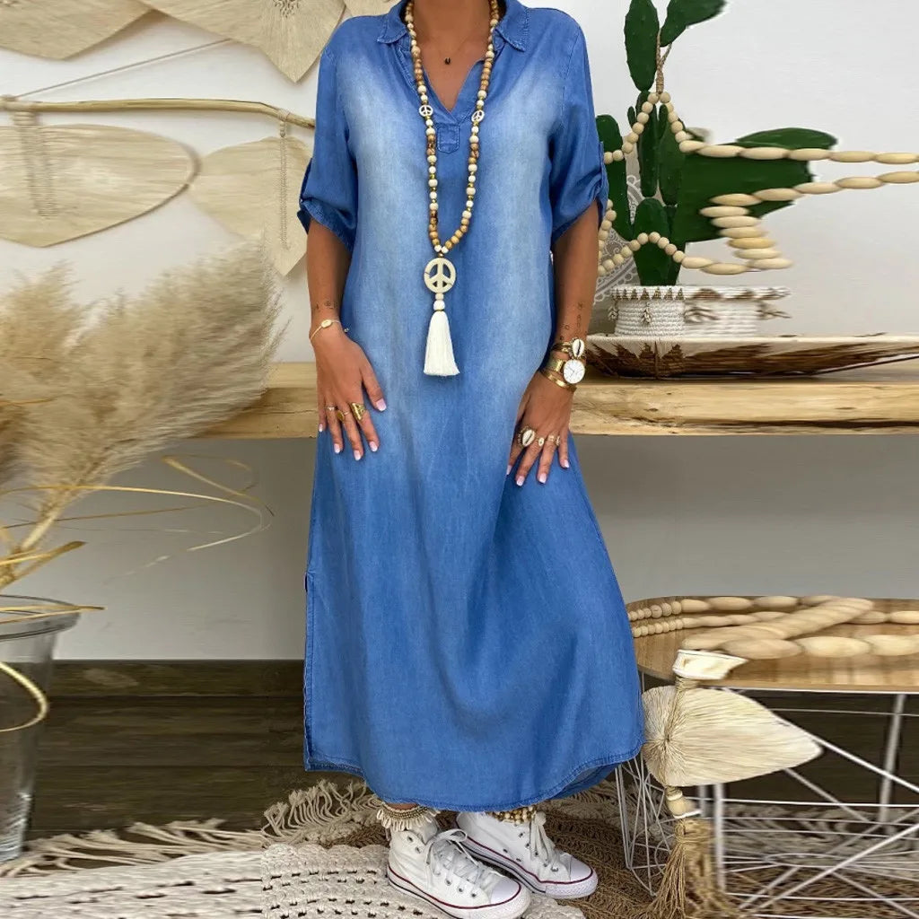 Andreajeans | Langes Kleid in Jeansoptik mit Seitenschlitz