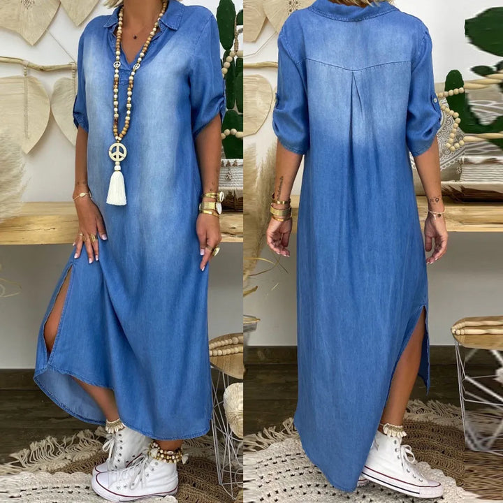 Andreajeans | Langes Kleid in Jeansoptik mit Seitenschlitz
