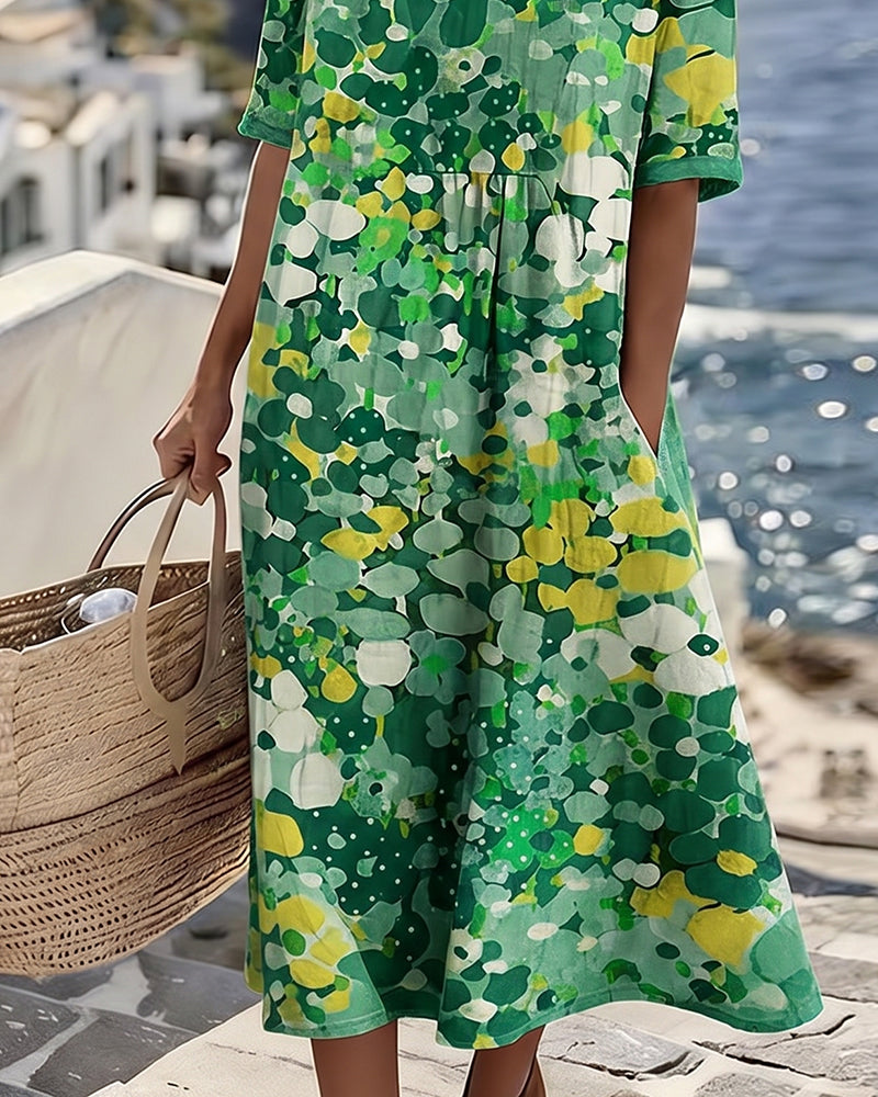 Elina Blumen-Midikleid in Grün – Seitenansicht