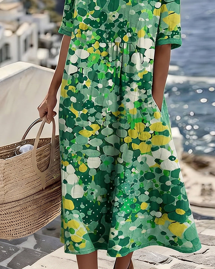 Elina Blumen-Midikleid in Grün – Seitenansicht