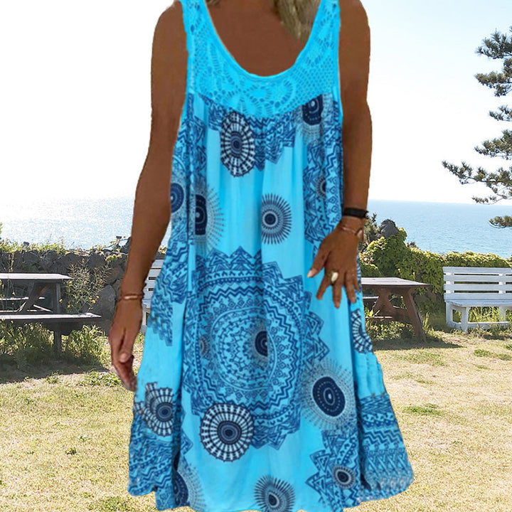 Breeziaspitze | Sommerliches Ärmelloses Kleid mit Print und Spitzendetails für Damen