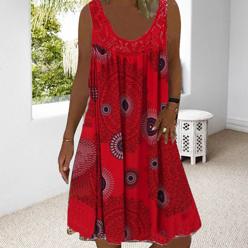 Breeziaspitze | Sommerliches Ärmelloses Kleid mit Print und Spitzendetails für Damen