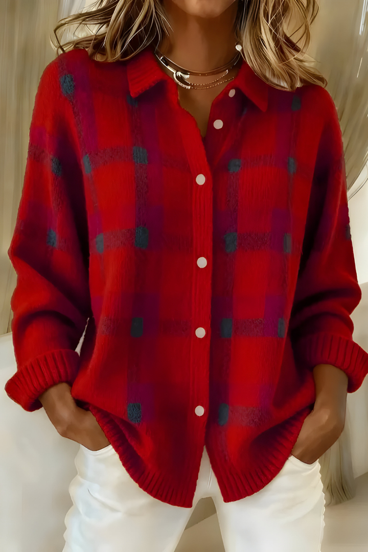 Camille karierte Strickjacke in Rot