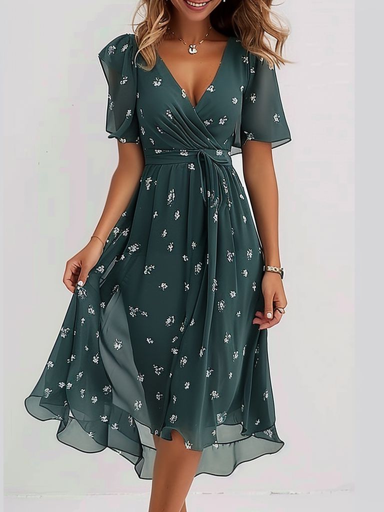 Grünschimmer | Midikleid mit kurzen Ärmeln