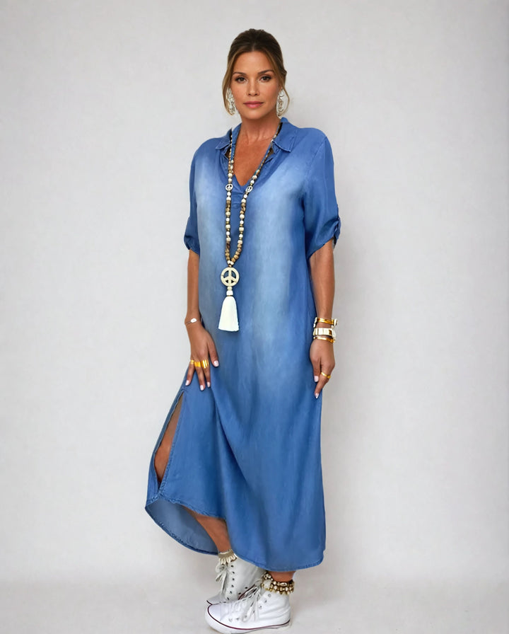 Andreajeans | Langes Kleid in Jeansoptik mit Seitenschlitz
