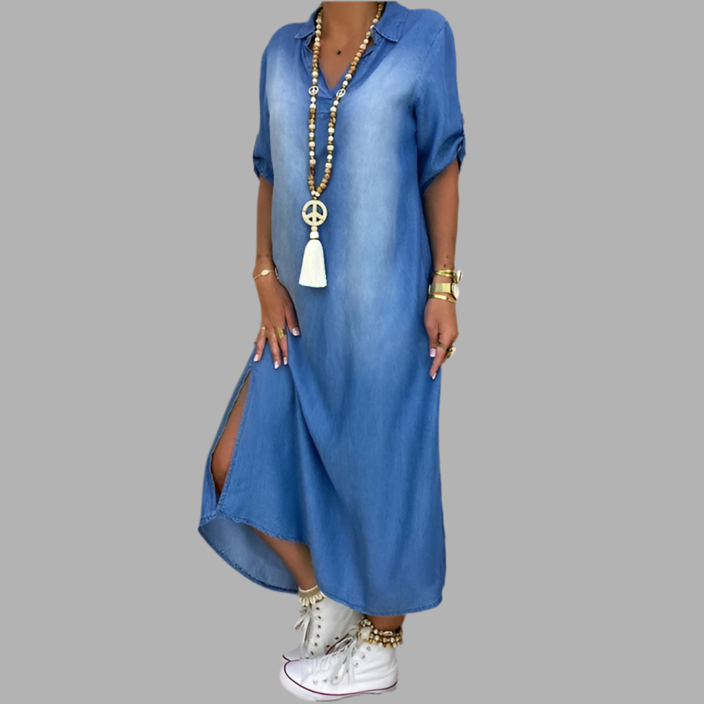 Andreajeans | Langes Kleid in Jeansoptik mit Seitenschlitz
