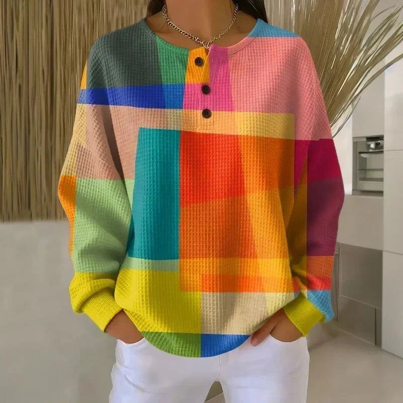 Ondine Pullover mit Henley-Ausschnitt, buntes Geometrie-Muster