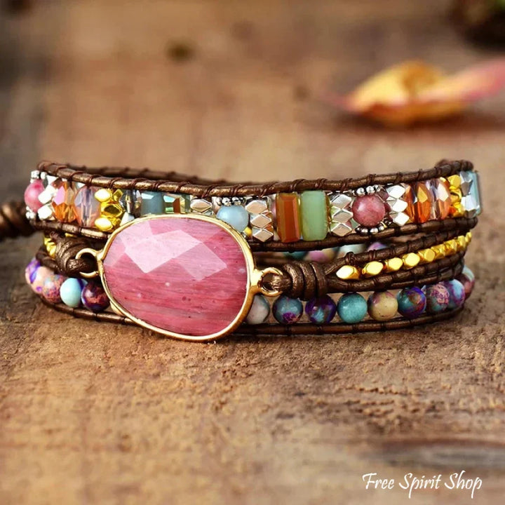 Natürlicher Rhodonit- & Jasper-Wickelarmband