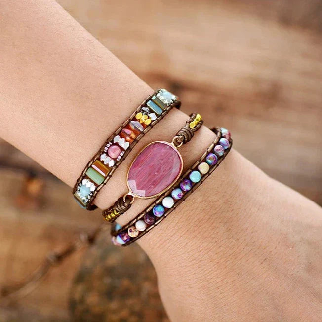 Natürlicher Rhodonit- & Jasper-Wickelarmband