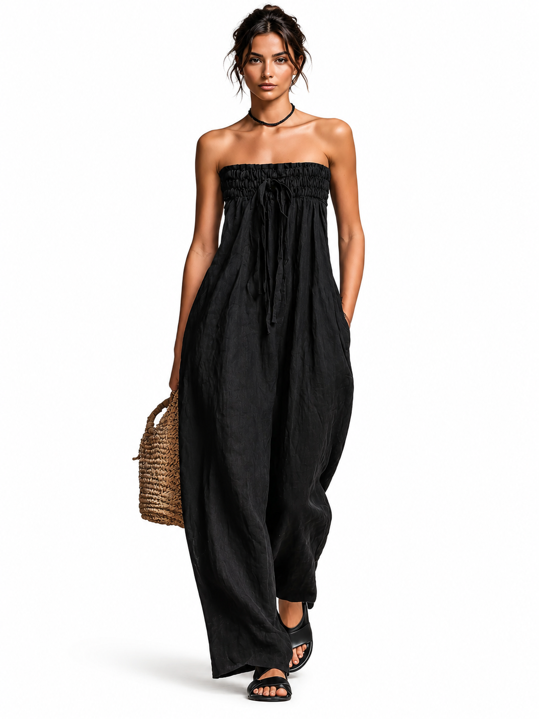 Nina Trägerloser Jumpsuit Schwarz Detail
