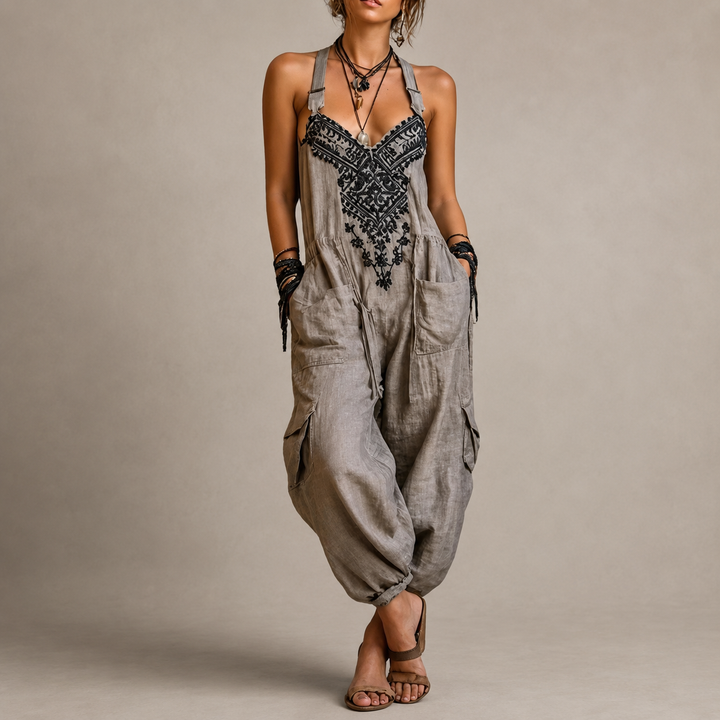 Aurélie bestickter Boho-Jumpsuit in Grau