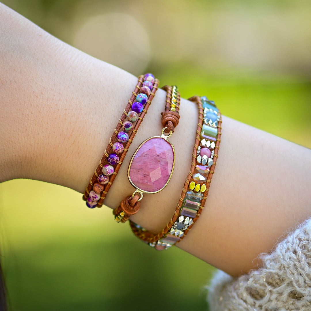 Natürlicher Rhodonit- & Jasper-Wickelarmband