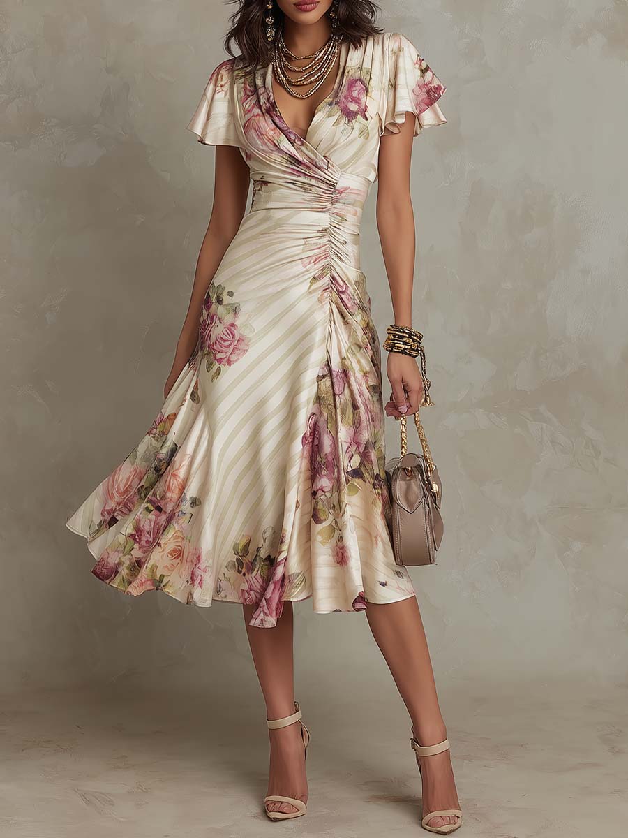 Margaret Vintage-Midikleid mit Blumenprint in Elfenbein