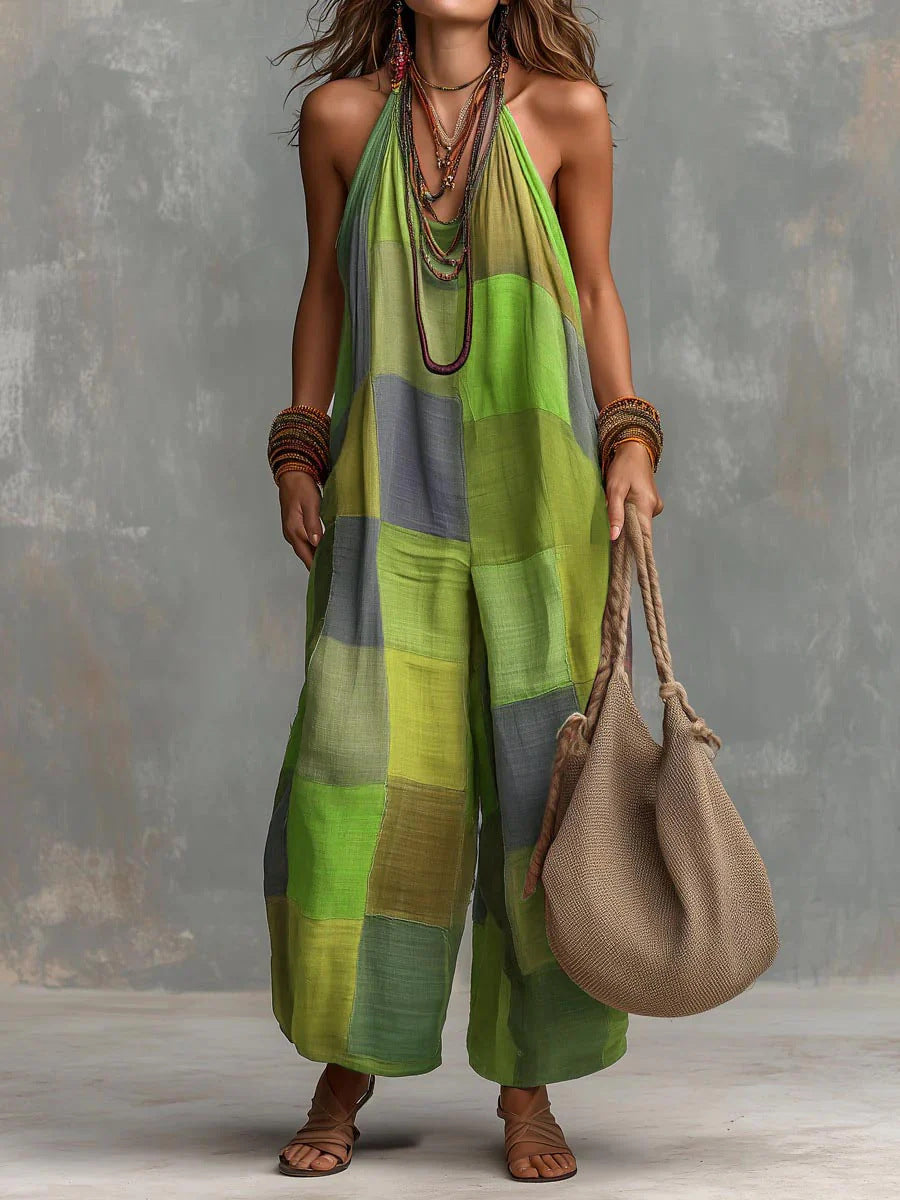 Bohème Patchwork-Jumpsuit in Grün