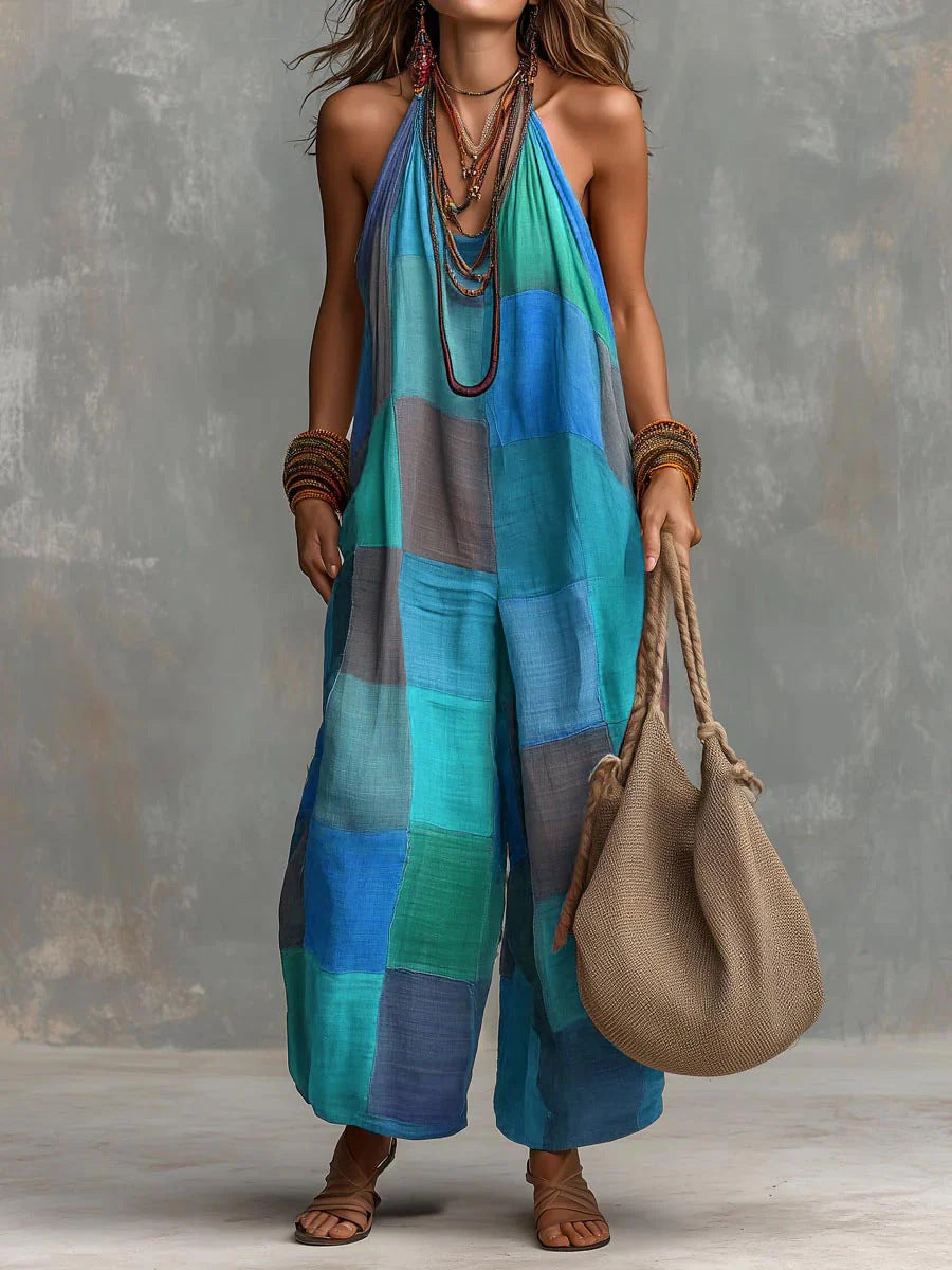 Bohème Patchwork-Jumpsuit in Blau