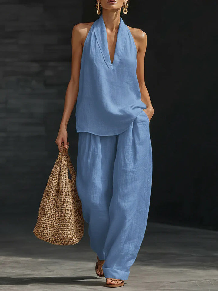 Zoë Ärmelloses Set mit weiter Hose in Blau