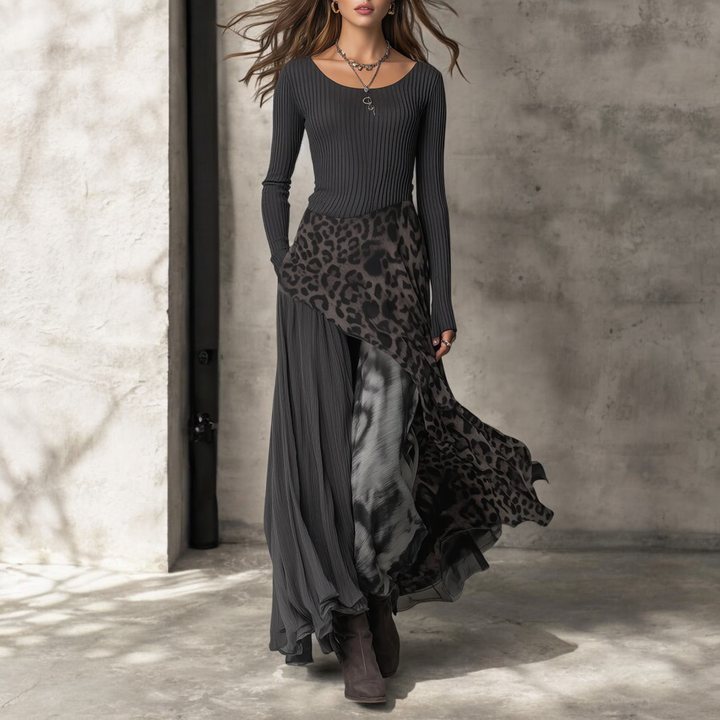 Fenaleo | Langes Kleid mit Leopardenmuster-Akzenten