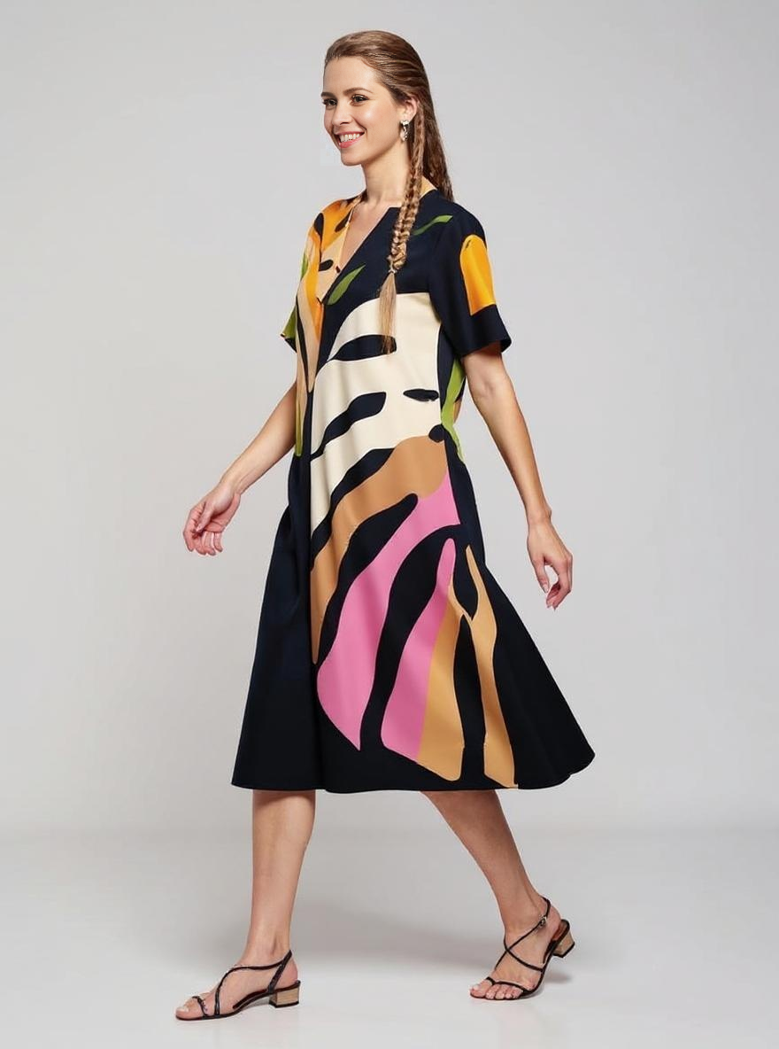 Leafaramuster | Lockeres Kleid mit farbenfrohem Blattmuster