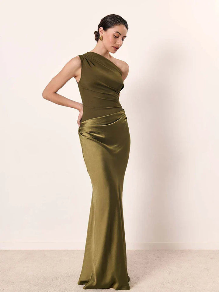 Ambersatin | Ein-Schulter Satin Maxikleid