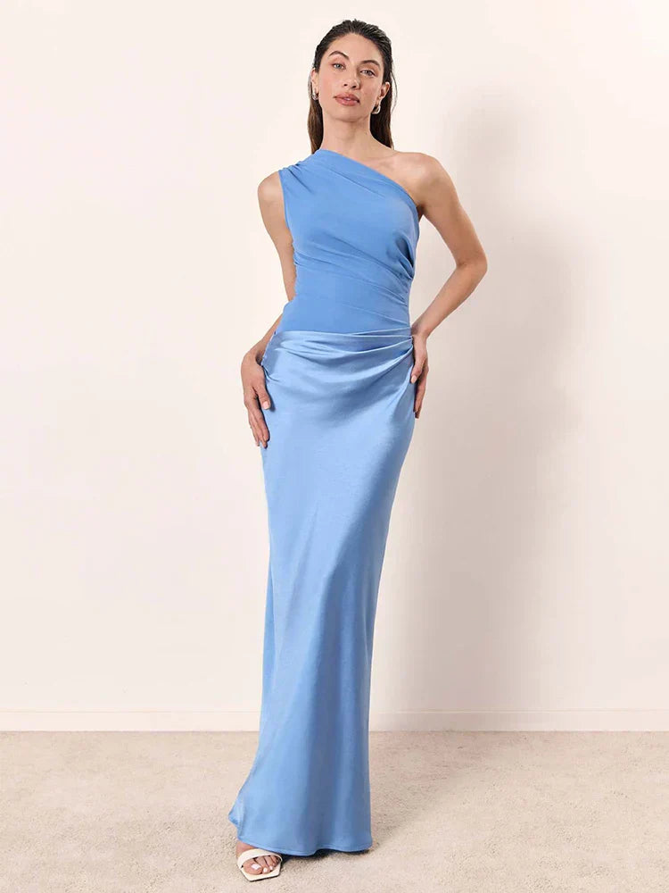 Ambersatin | Ein-Schulter Satin Maxikleid