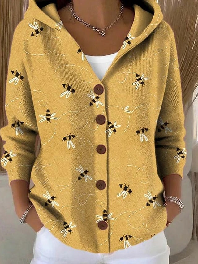 Patchouli Cardigan mit Kapuze, Bienen-Druck auf Gelb