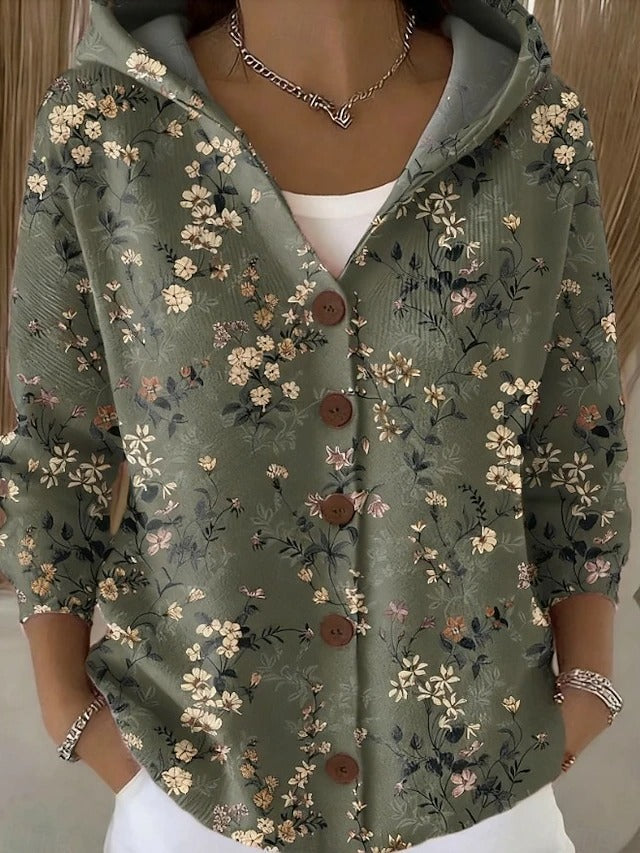 Patchouli Cardigan mit Kapuze, Blumendruck auf Salbeigrün