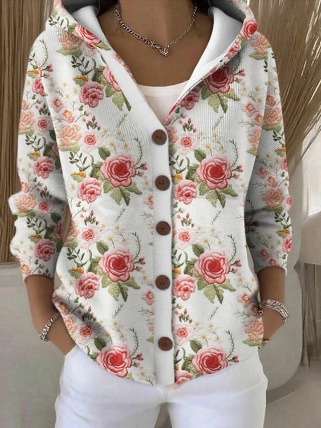 Patchouli Cardigan mit Kapuze, Rosendruck auf Weiß