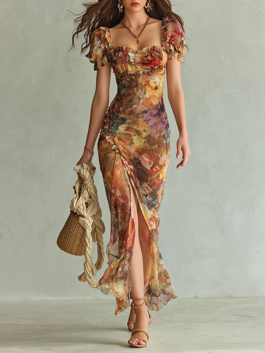 Fiamma Maxikleid aus Chiffon in Orange – Gesamtansicht