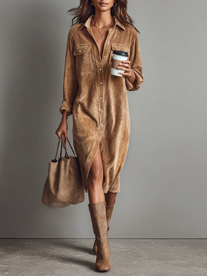 Jessycord | Elegantes Midikleid aus Weichem Cord mit Brusttaschen