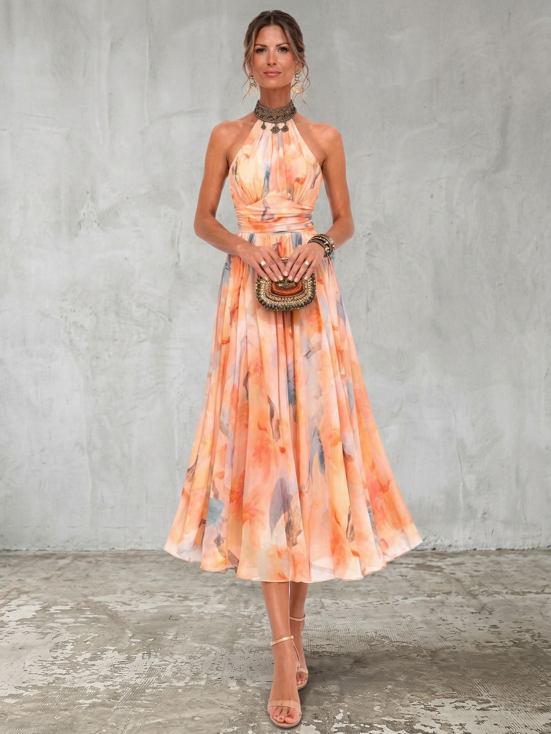 Aurora Maxikleid Halter-Ausschnitt Aquarell-Print