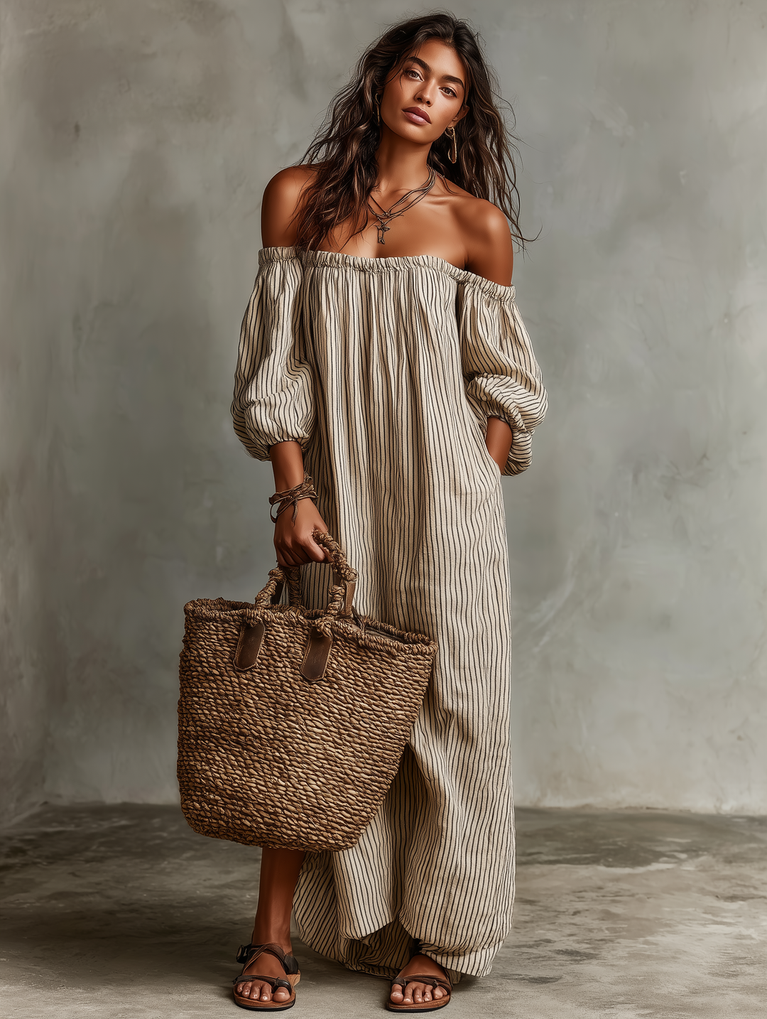 Carmen Off-Shoulder Maxikleid Gestreift