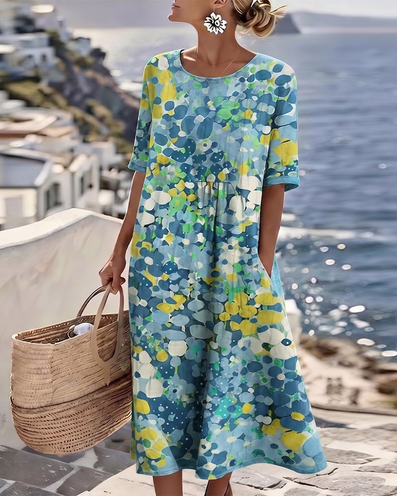 Elina Blumen-Midikleid in Blau