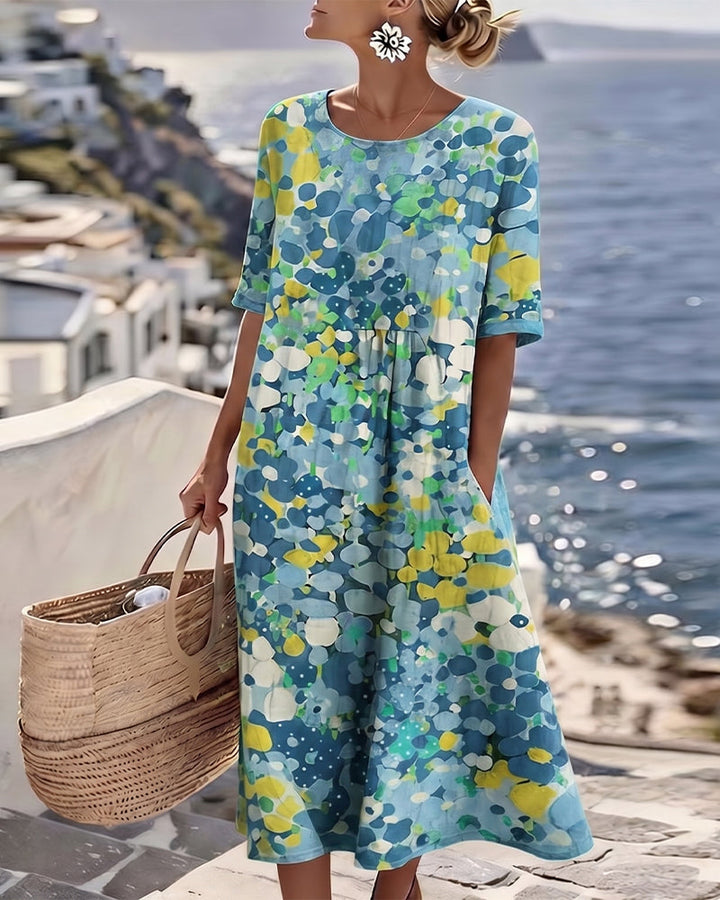 Elina Blumen-Midikleid in Blau