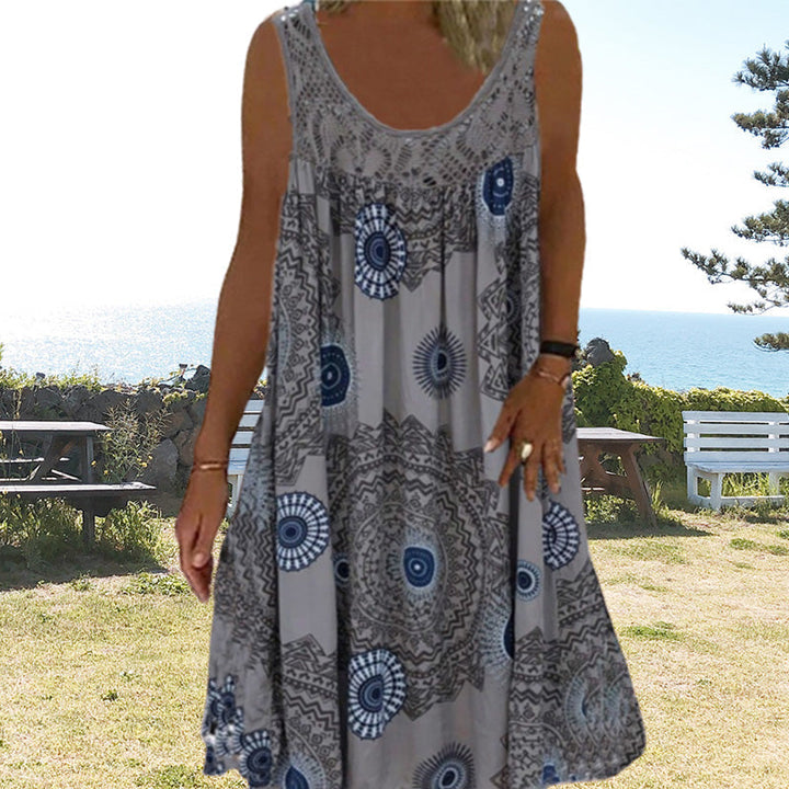 Breeziaspitze | Sommerliches Ärmelloses Kleid mit Print und Spitzendetails für Damen