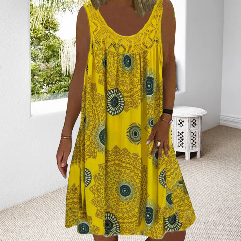 Breeziaspitze | Sommerliches Ärmelloses Kleid mit Print und Spitzendetails für Damen
