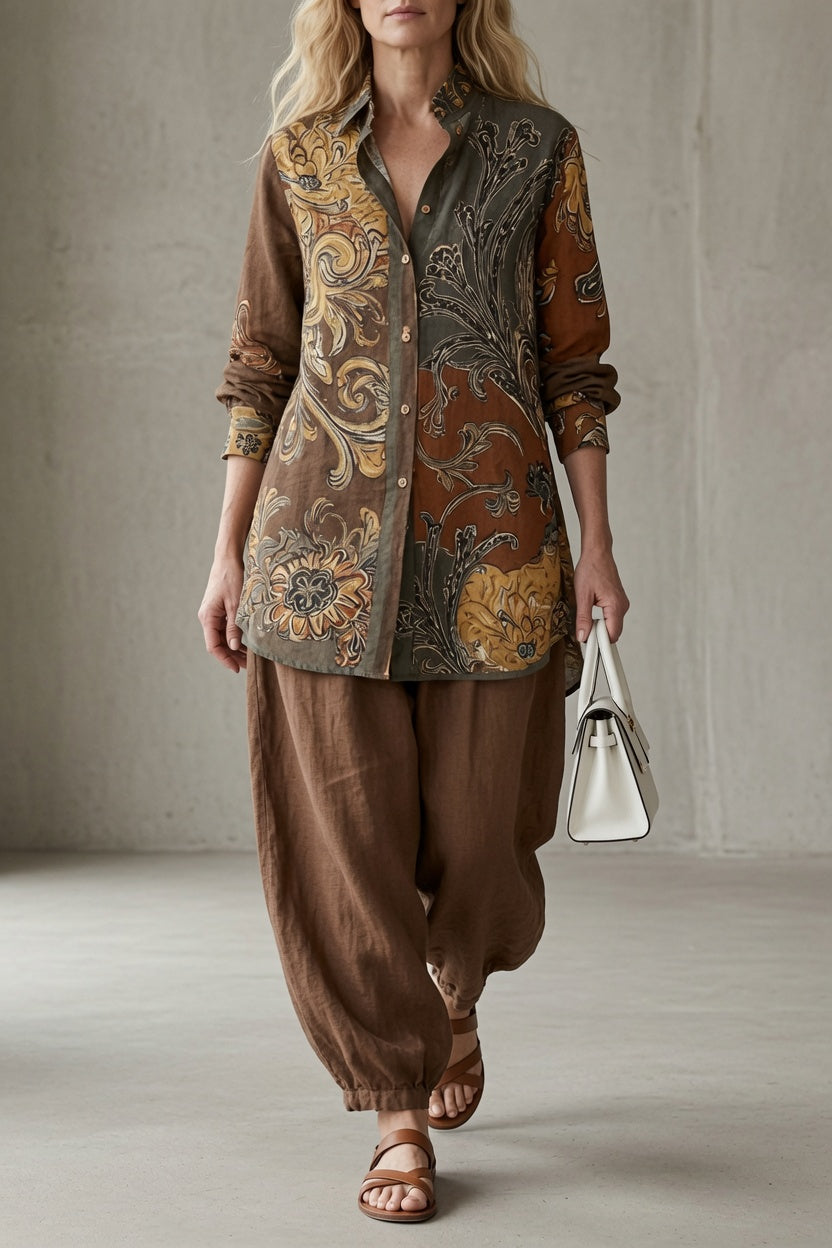 Tara Zweiteiler mit Print-Bluse und Ballonhose in Braun
