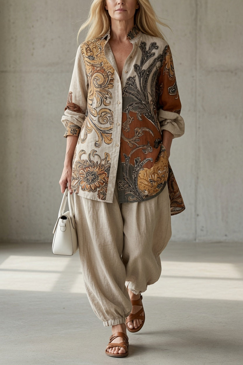 Tara Zweiteiler mit Print-Bluse und Ballonhose in Creme