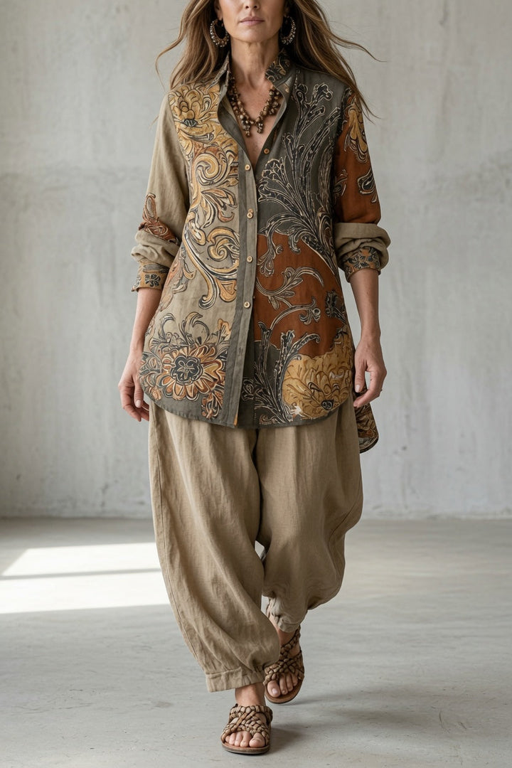 Tara Zweiteiler mit Print-Bluse und Ballonhose in Khaki