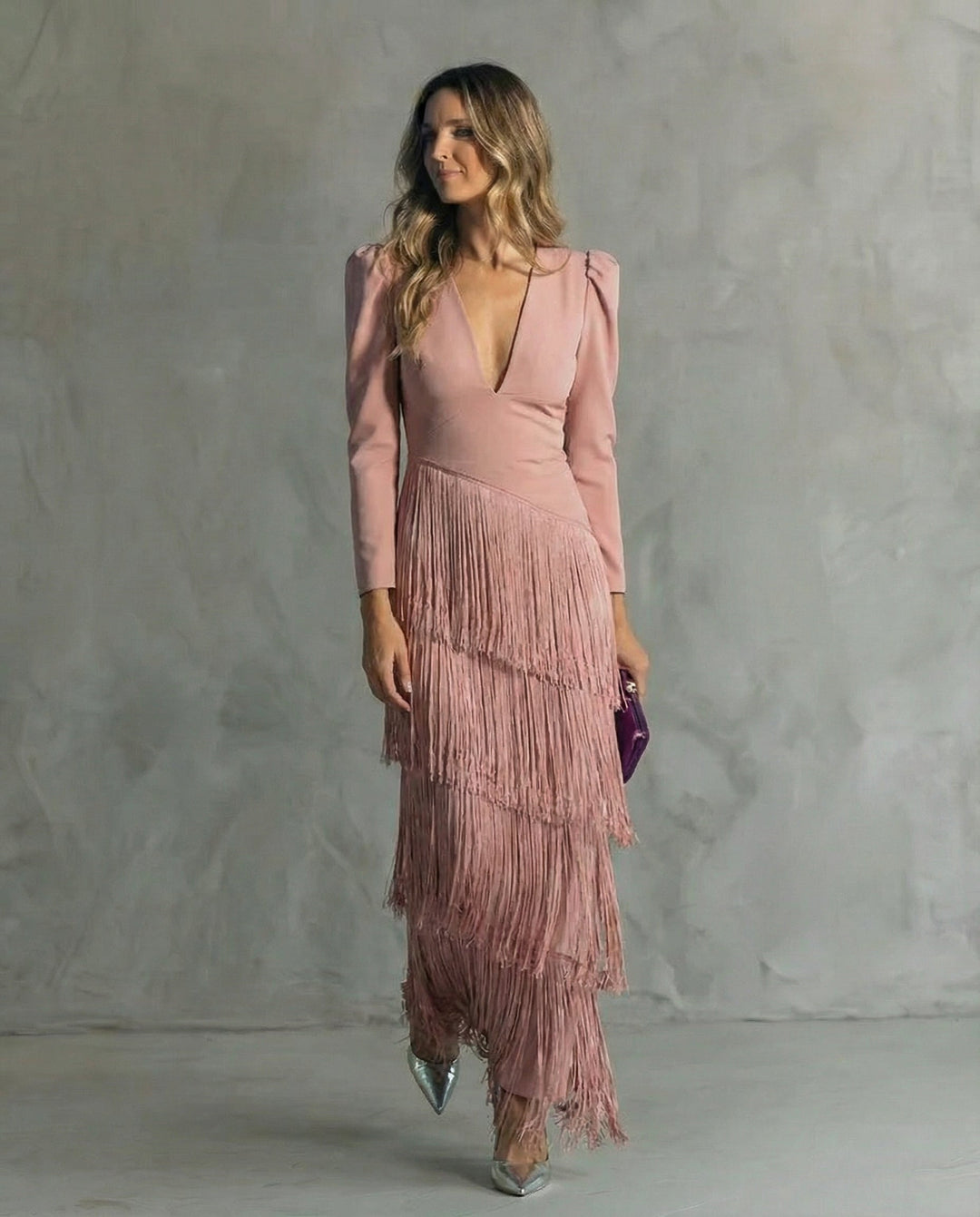 Clara Midikleid mit Fransenärmeln in Altrosa