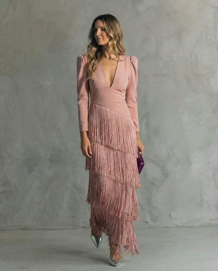 Clara Midikleid mit Fransenärmeln in Altrosa