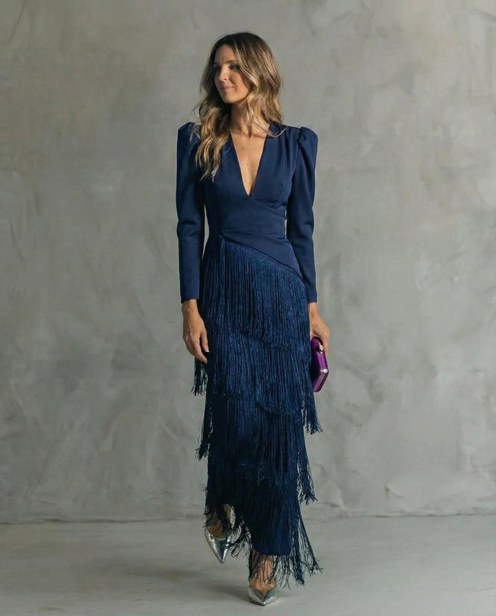 Clara Midikleid mit Fransenärmeln in Blau