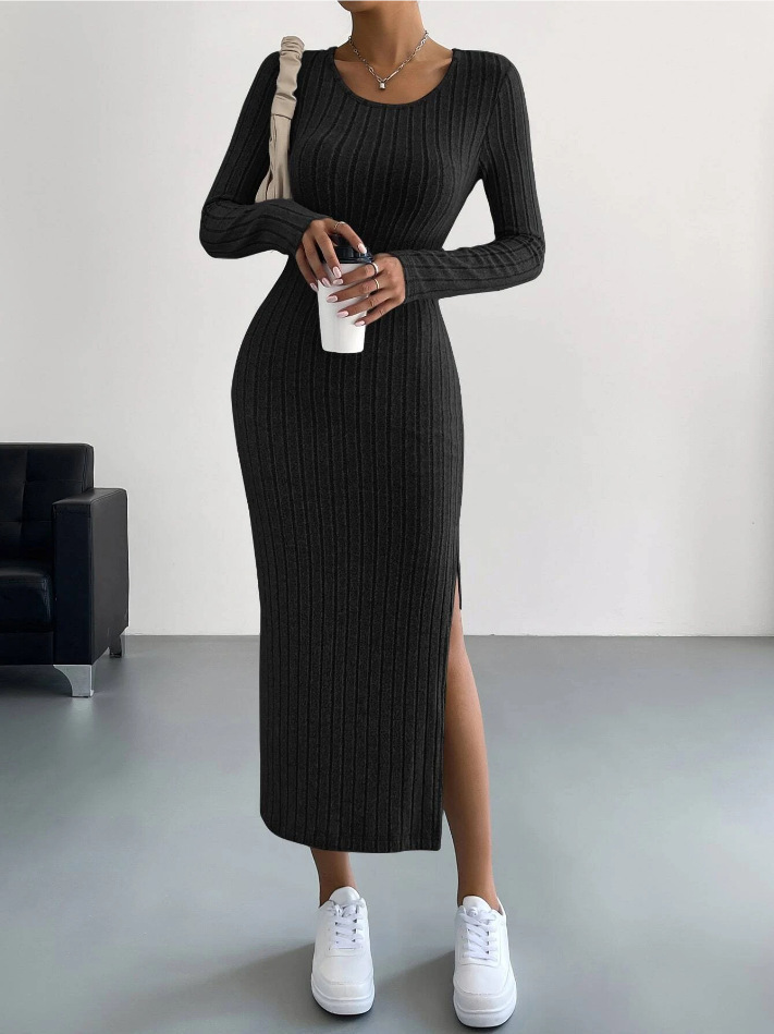 Luxebodycon | Geripptes Langärmeliges Bodycon-Kleid aus Strick