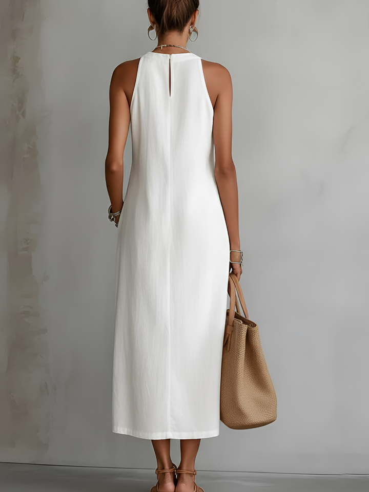 Jimena Leinen-Midikleid mit Mao-Kragen