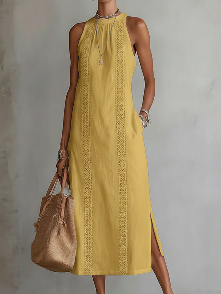 Jimena Leinen-Midikleid mit Mao-Kragen