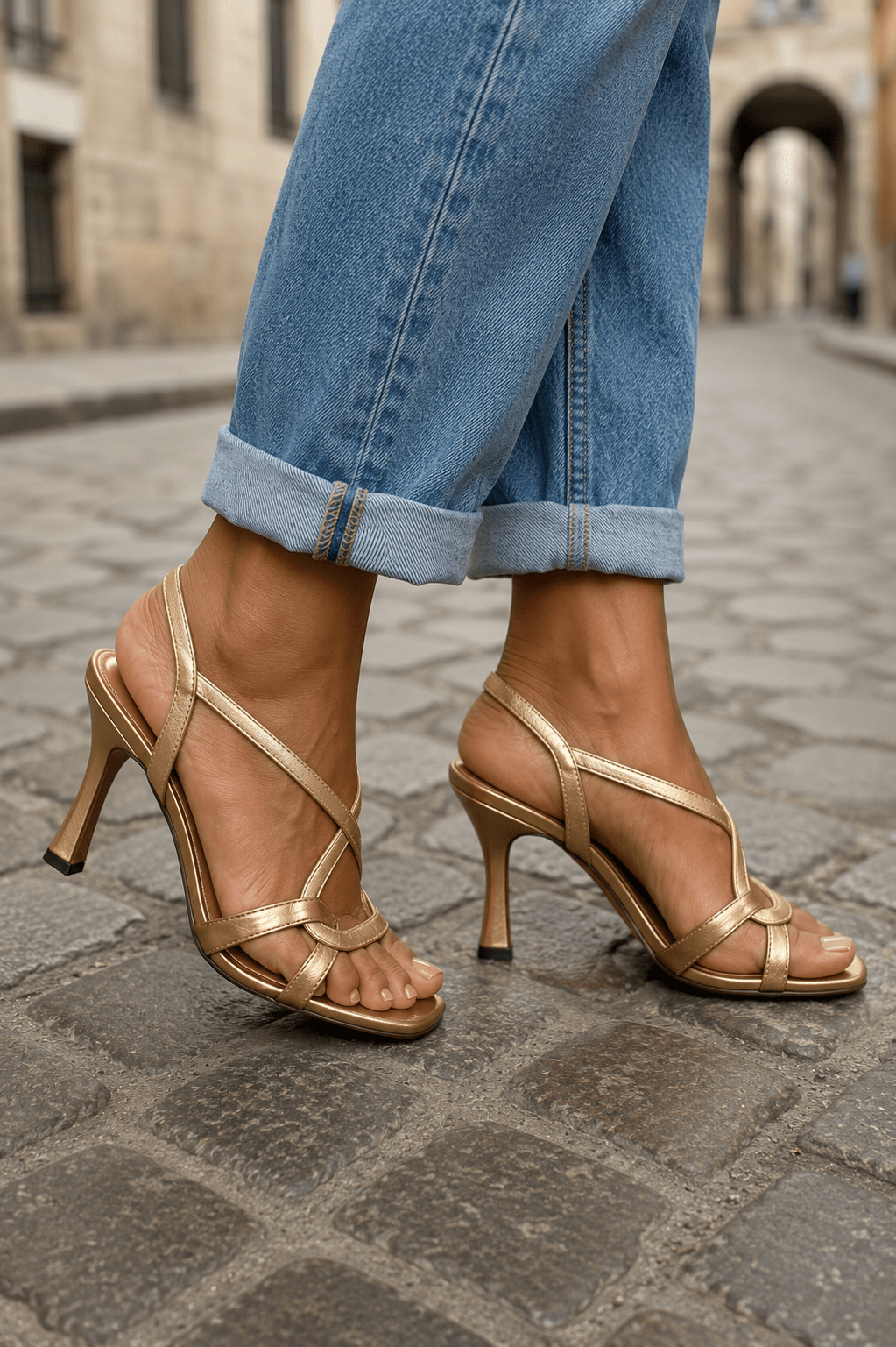 Elisabeth goldene Sandalen Detailansicht Riemen